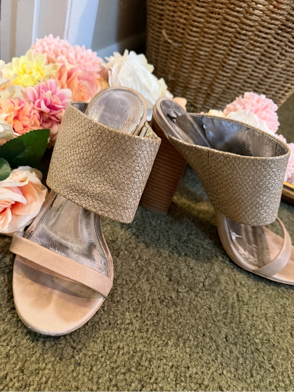 Sam Edelman Metallic Nude Textured Block Heel Slide Sandals